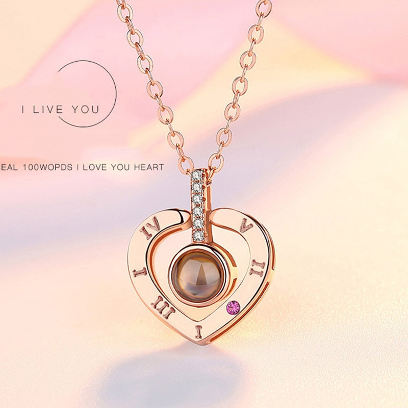 Rose Gold 100 Languages I Love You Projection Pendant Necklace for women Jewelry Love Memory Wedding Necklace Valentine's Day