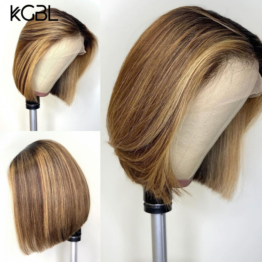 KGBL Short Bob Ombre 4/27 Color 13*4 Lace Front Middle Ratio 8”-16" Human Hair Wigs  Brazilian Non-Remy Hair   Pre-Plucked Wigs