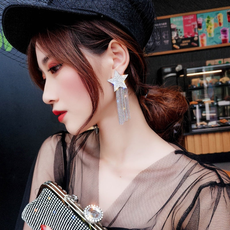 2019 New Arrival  Zinc Alloy Trendy Women Dangle Earrings Star-studded Fringed Earrings  Long-style Female Jewelry