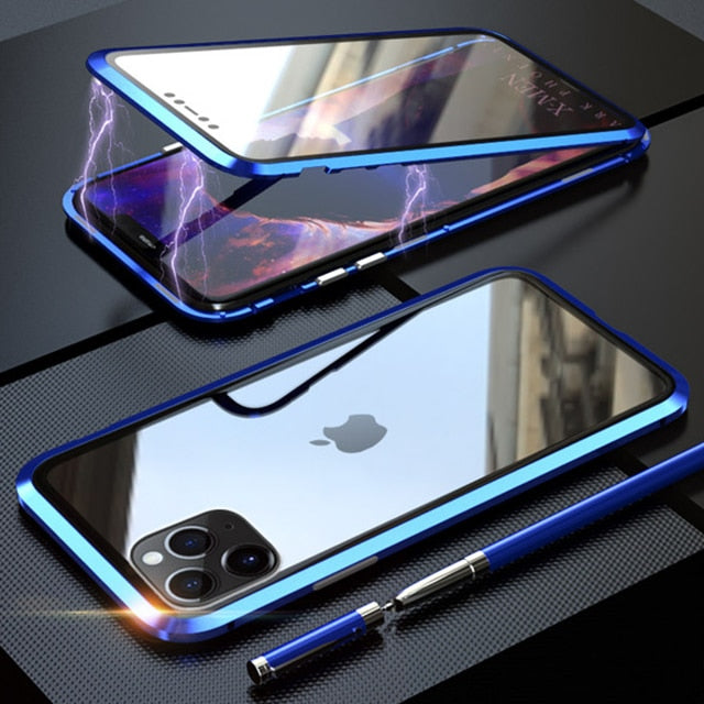 360 Metal Magnetic Phone Case For iPhone 11 Pro Max Case For iPhone XR X XS Max 6 6S 7 8 Plus Double Side Tempered Glass Cover