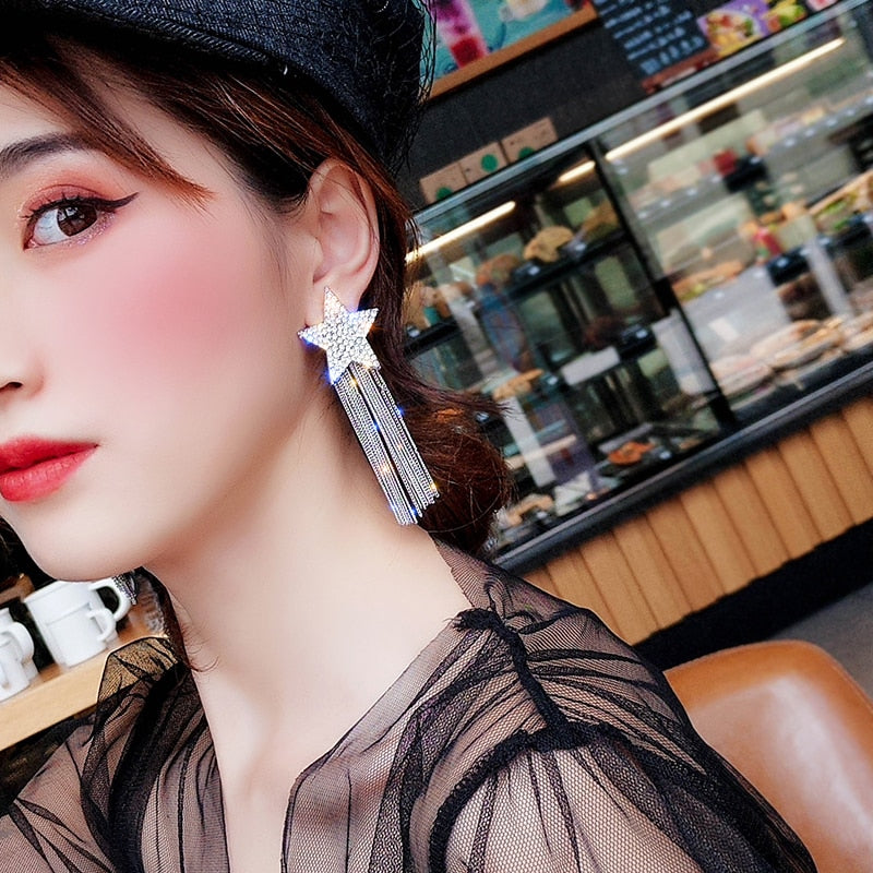 2019 New Arrival  Zinc Alloy Trendy Women Dangle Earrings Star-studded Fringed Earrings  Long-style Female Jewelry