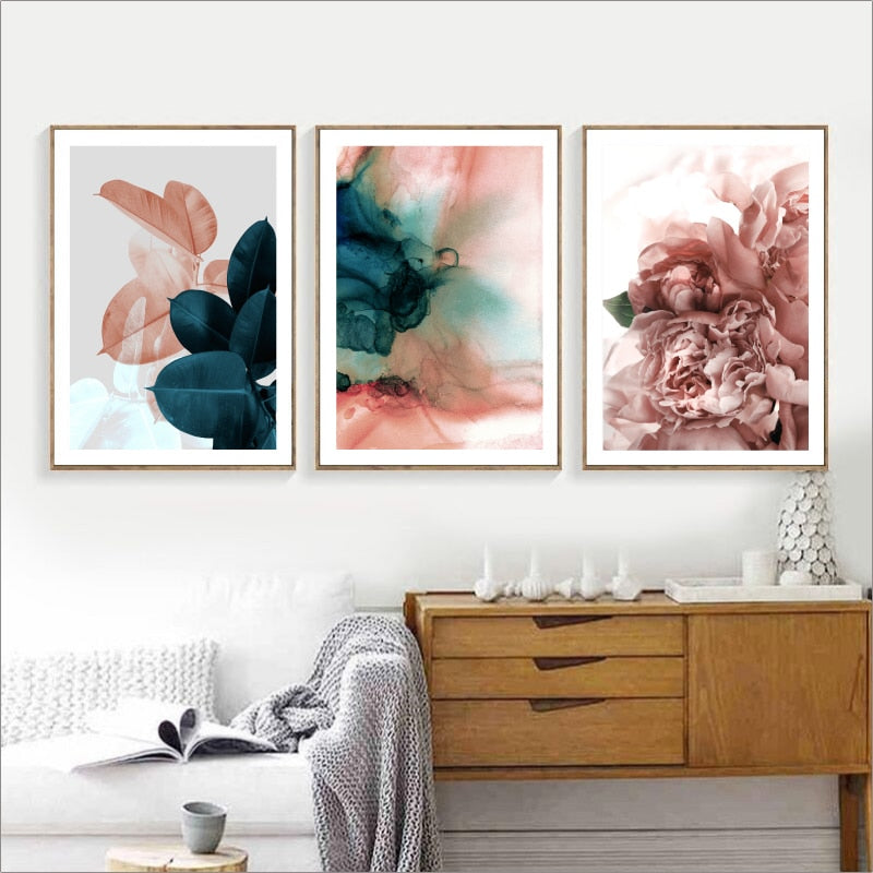 Modern Abstract Pink Flower Green Plants Poster Print Canvas Painting Pictures Home Wall Art Decoration Can Be Customized