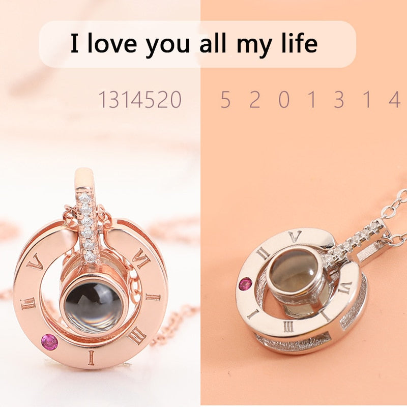 Rose Gold 100 Languages I Love You Projection Pendant Necklace for women Jewelry Love Memory Wedding Necklace Valentine's Day