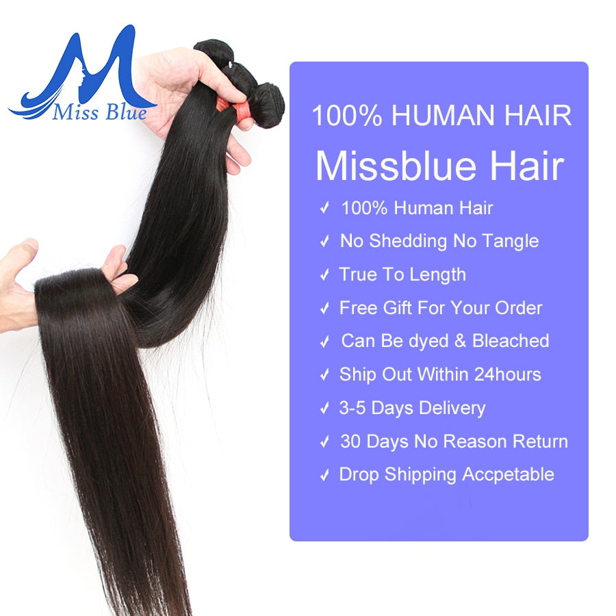 Missblue 32 34 36 38 40 Inch Brazilian Hair Weave Bundles Straight 100% Human Hair Bundles 3 4 Pieces Natural Color Remy Hair