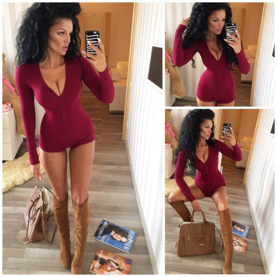 Sexy Women Bodysuit Long Sleeve Deep V Neck Bodycon Stretch Leotard Crop Tops Button Short Romper Sleepwear Overalls for women
