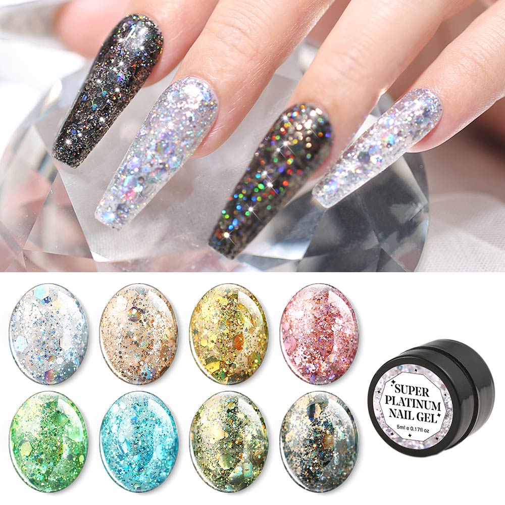 Modelones Platinum Glitter Led Gel Soak Off Nail Gel Lacquer Shiny Sequins Decorations UV Gel Varnish Painting Flowers UV Polish