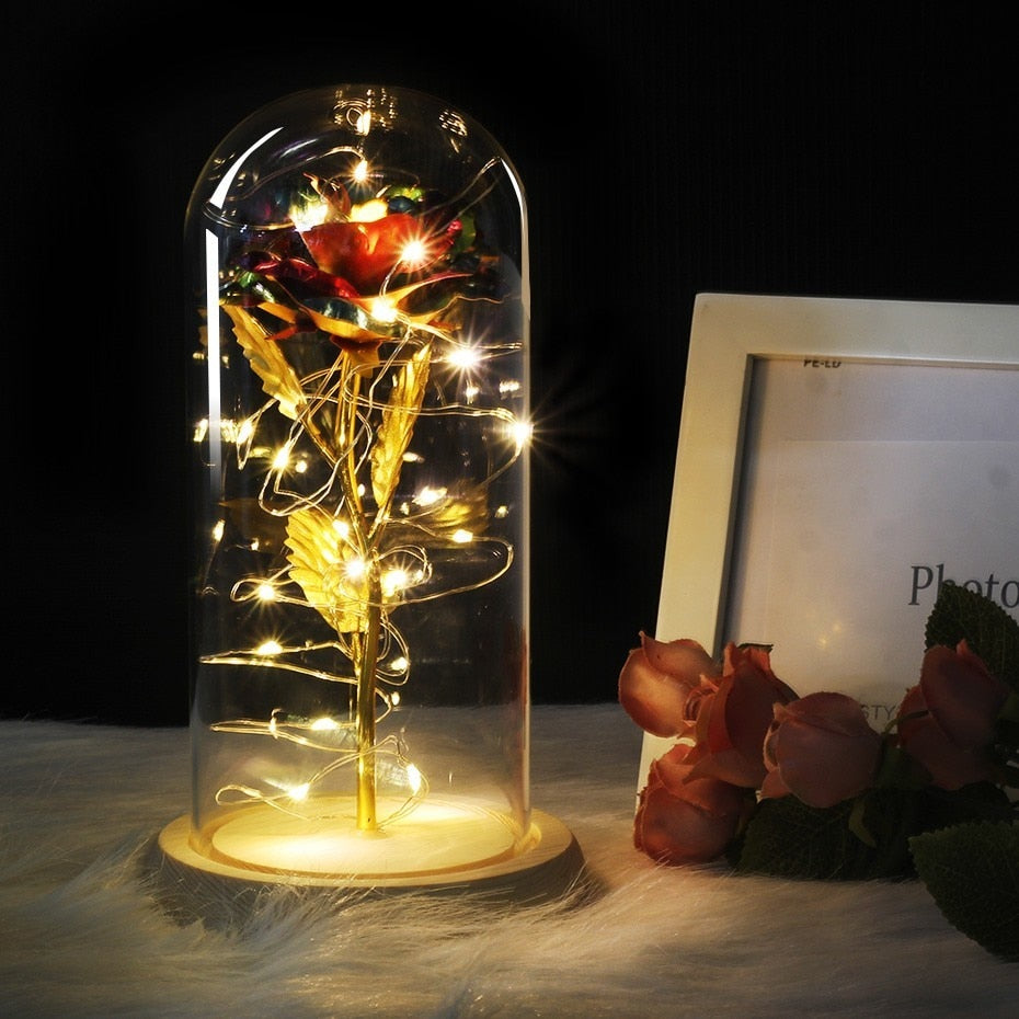 6 Colour Beauty And The Beast Red Rose In A Glass Dome On A Wooden Base For Valentine's Gifts LED Rose Lamps Christmas