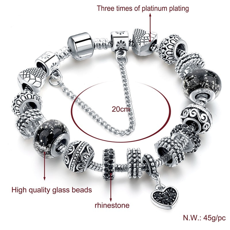ATTRACTTO Black Promotion Heart Charm Bracelets For Women Crystal Bead Bracelet Jewelry Female Pulseras Mujer Bracelet SBR160014