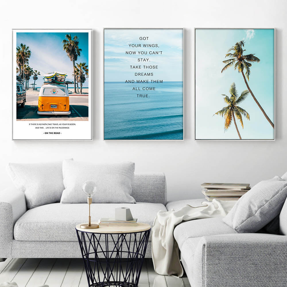 Modern Landscape Poster Tropical Sea Palm Tree Bus Wall Art Inspirational Canvas Painting Picture Living Room Home Decoration