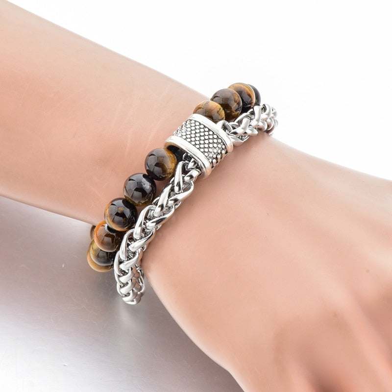 ATTRACTTO New Unique Tiger Eye Bracelets Bangles For Women Men Stainless Steel Bracelet Handmade Jewelry Bracelet Male SBR190039