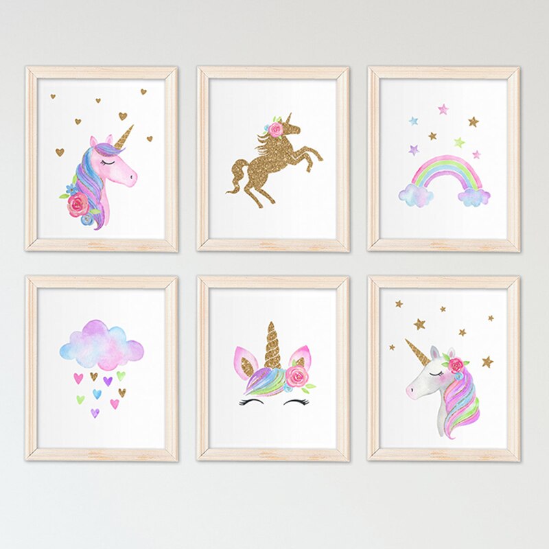 Nordic Unicorn Wall Art Gold Glitter Prints Pink Nursery Cloud Rainbow Canvas Poster Painting Wall Picture Kids Room Decor