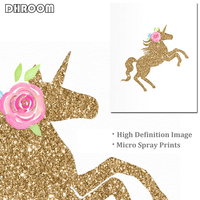 Nordic Unicorn Wall Art Gold Glitter Prints Pink Nursery Cloud Rainbow Canvas Poster Painting Wall Picture Kids Room Decor