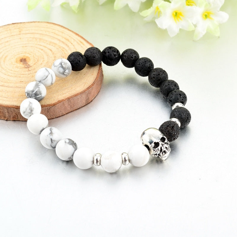 ATTRACTTO New Natural Stone Skull Bracelets Bangles For Women Lava Beads Elastic For Men Jewelry Accessories Bracelets SBR160031
