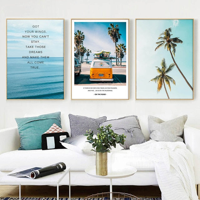 Modern Landscape Poster Tropical Sea Palm Tree Bus Wall Art Inspirational Canvas Painting Picture Living Room Home Decoration