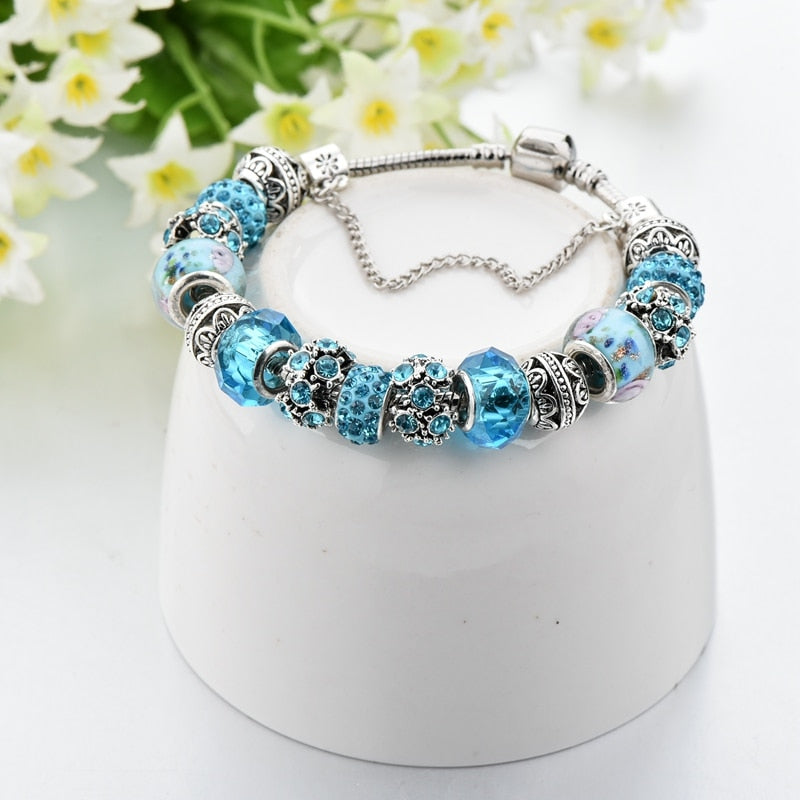 ATTRACTTO New Blue Crystal Beads Charm Bracelets&Bangles Silver Bracelets For Women Femme Wedding DIY Jewelry Bracelet SBR170025