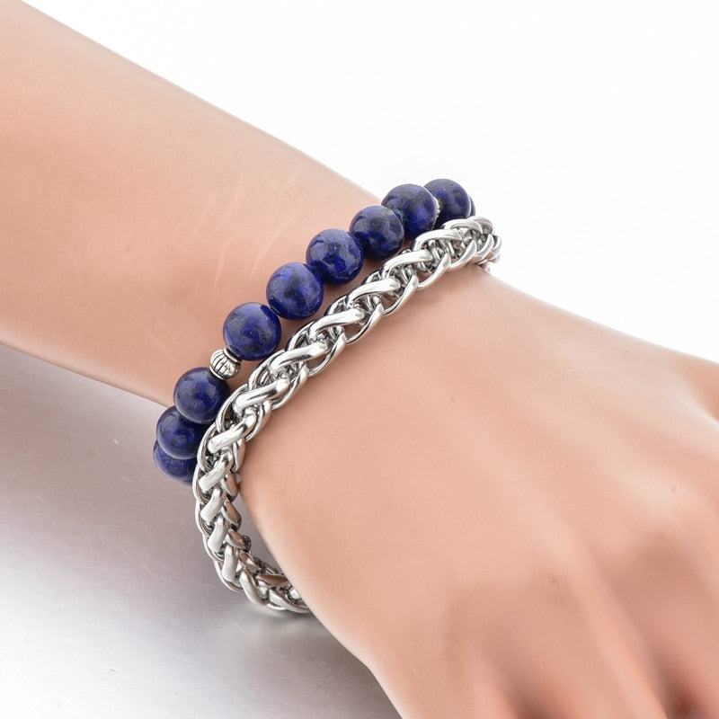 ATTRACTTO Blue Men's Beads Chain Bracelets Bangles For Women Stainless Steel Bracelet Handmade Jewelry Bracelet Male SBR190040