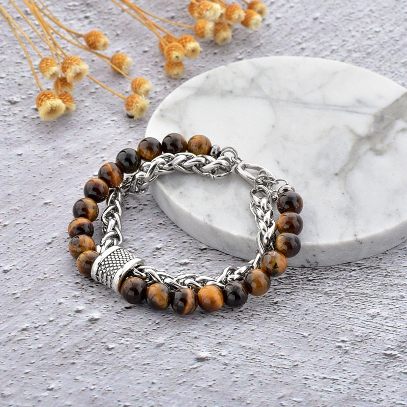 ATTRACTTO New Unique Tiger Eye Bracelets Bangles For Women Men Stainless Steel Bracelet Handmade Jewelry Bracelet Male SBR190039