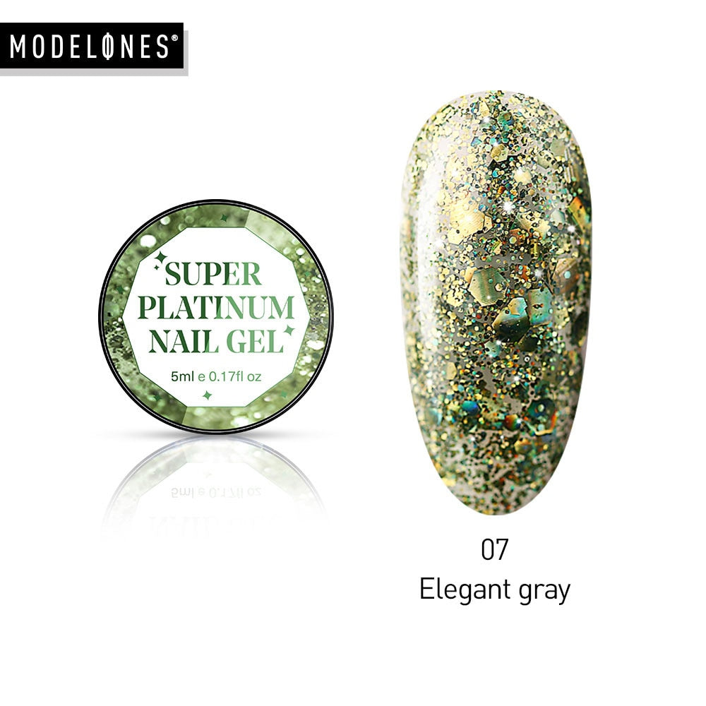 Modelones Platinum Glitter Led Gel Soak Off Nail Gel Lacquer Shiny Sequins Decorations UV Gel Varnish Painting Flowers UV Polish