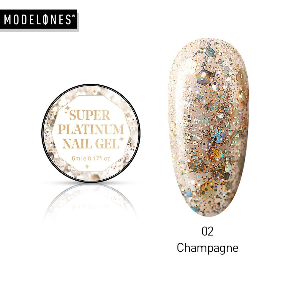 Modelones Platinum Glitter Led Gel Soak Off Nail Gel Lacquer Shiny Sequins Decorations UV Gel Varnish Painting Flowers UV Polish