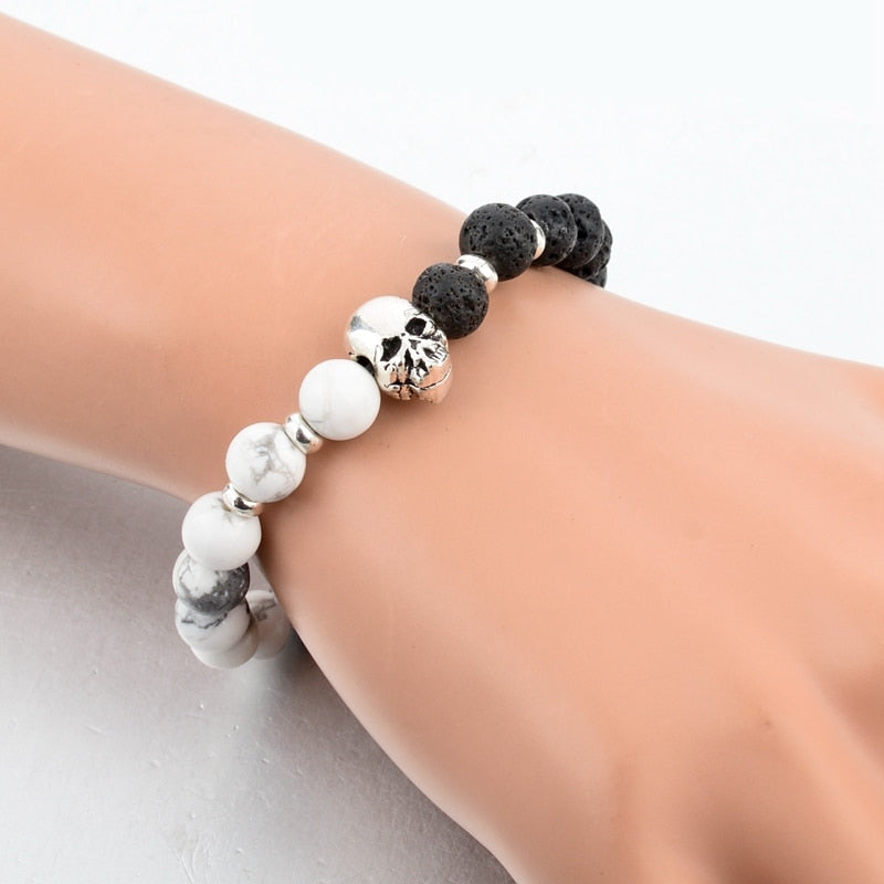 ATTRACTTO New Natural Stone Skull Bracelets Bangles For Women Lava Beads Elastic For Men Jewelry Accessories Bracelets SBR160031