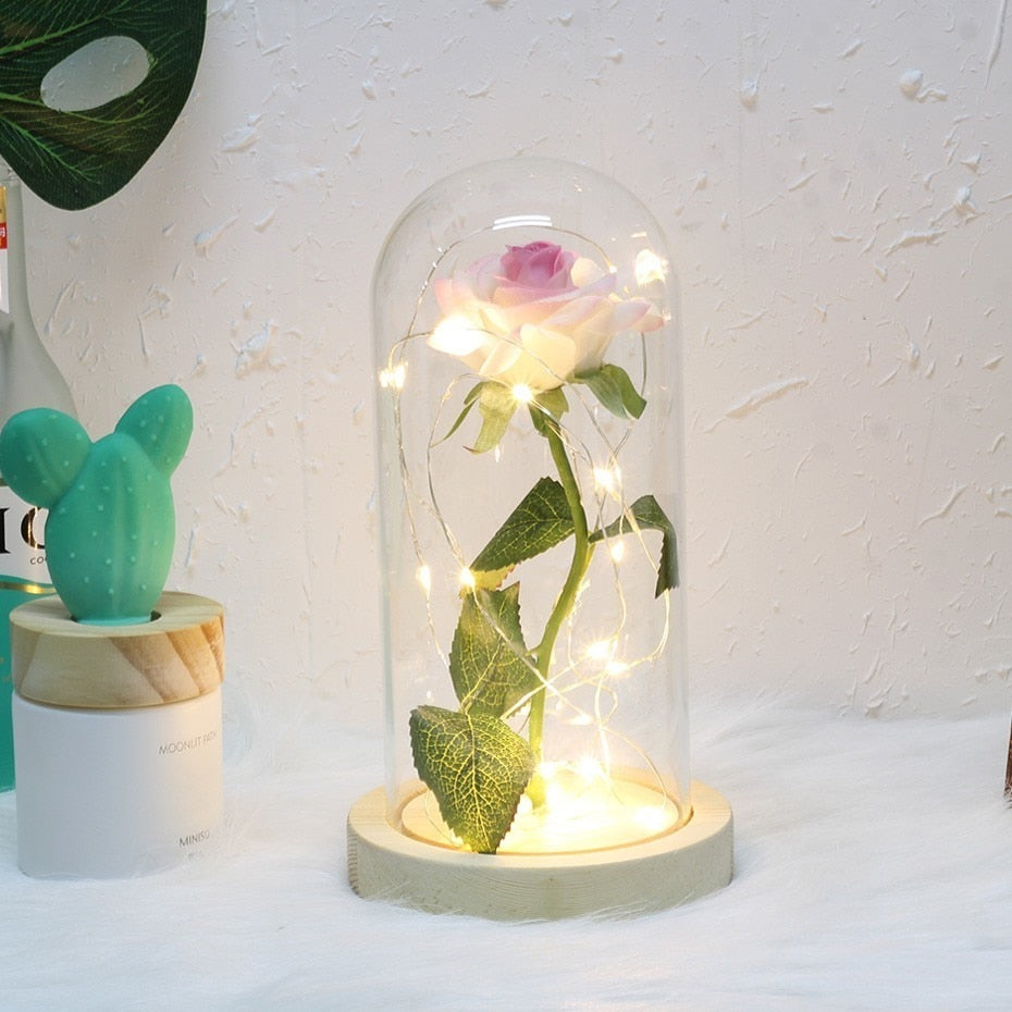 6 Colour Beauty And The Beast Red Rose In A Glass Dome On A Wooden Base For Valentine's Gifts LED Rose Lamps Christmas