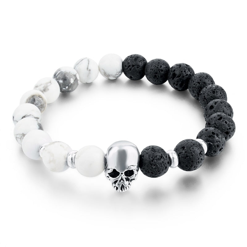 ATTRACTTO New Natural Stone Skull Bracelets Bangles For Women Lava Beads Elastic For Men Jewelry Accessories Bracelets SBR160031