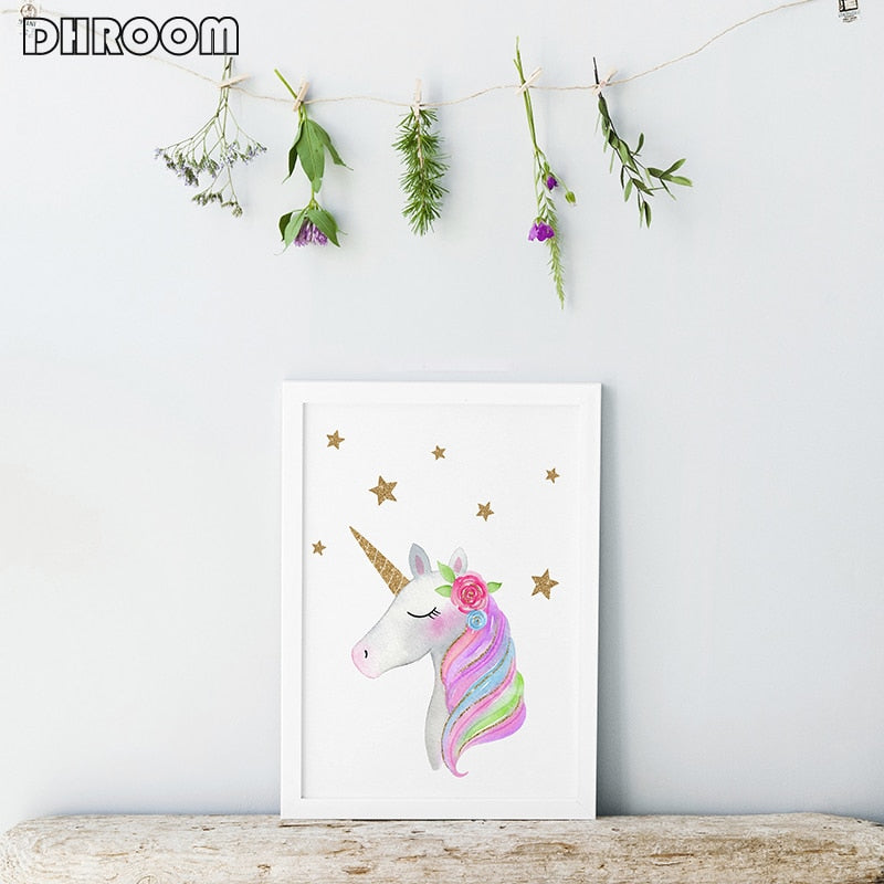 Nordic Unicorn Wall Art Gold Glitter Prints Pink Nursery Cloud Rainbow Canvas Poster Painting Wall Picture Kids Room Decor