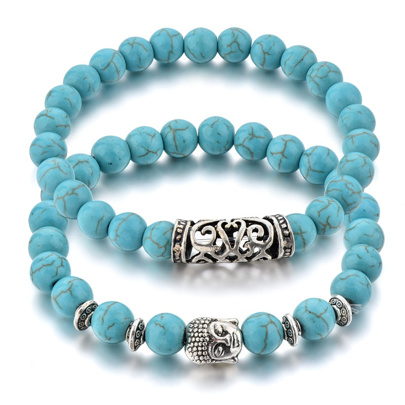 ATTRACTTO 2pcs/set Charm Silver Buddha Bracelets Bangles For Women Stretch Distance Bracelet Handmade Jewelry Bracelet SBR190010 (SBR190010BU)