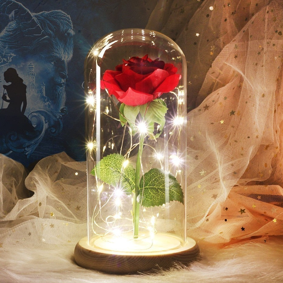 6 Colour Beauty And The Beast Red Rose In A Glass Dome On A Wooden Base For Valentine's Gifts LED Rose Lamps Christmas