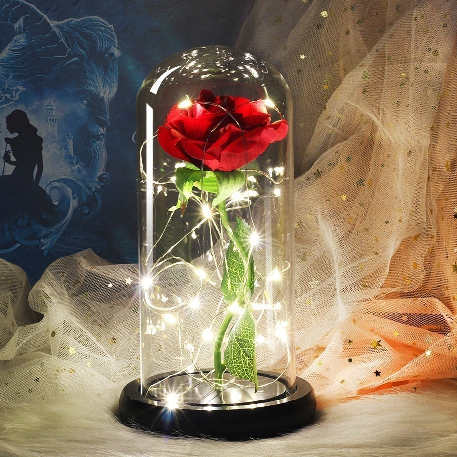6 Colour Beauty And The Beast Red Rose In A Glass Dome On A Wooden Base For Valentine's Gifts LED Rose Lamps Christmas