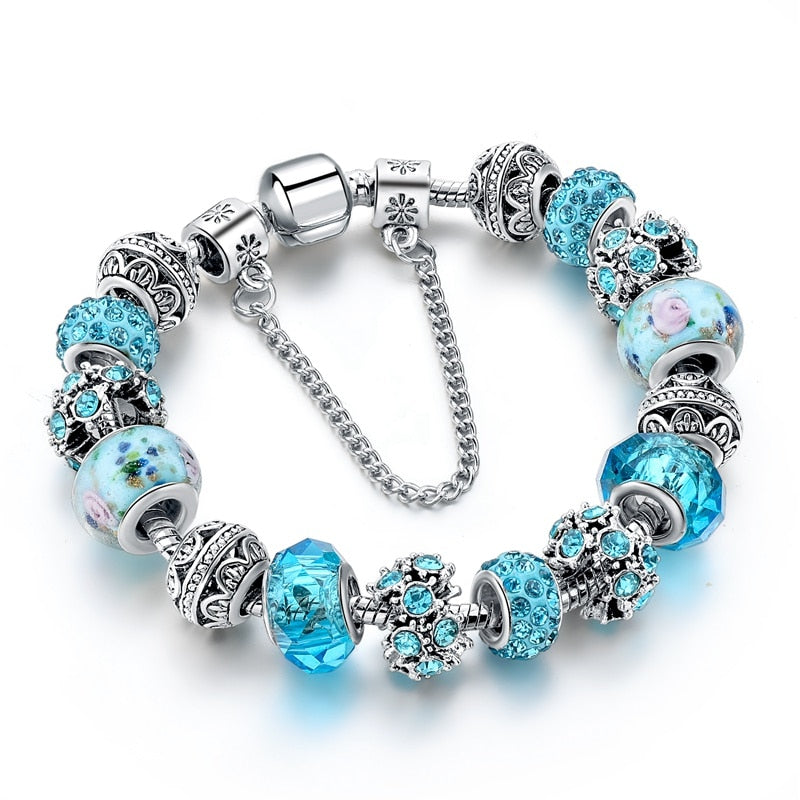 ATTRACTTO New Blue Crystal Beads Charm Bracelets&Bangles Silver Bracelets For Women Femme Wedding DIY Jewelry Bracelet SBR170025 (Blue)