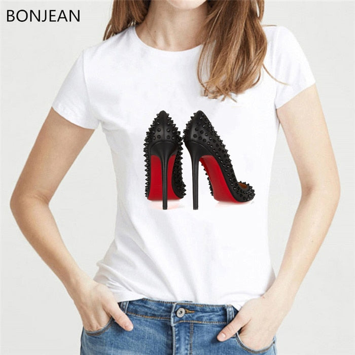 Newest watercolor high heels shoes print vogue t shirt femme funny t shirt women 90s hip hop punk shirt hipster streetwear