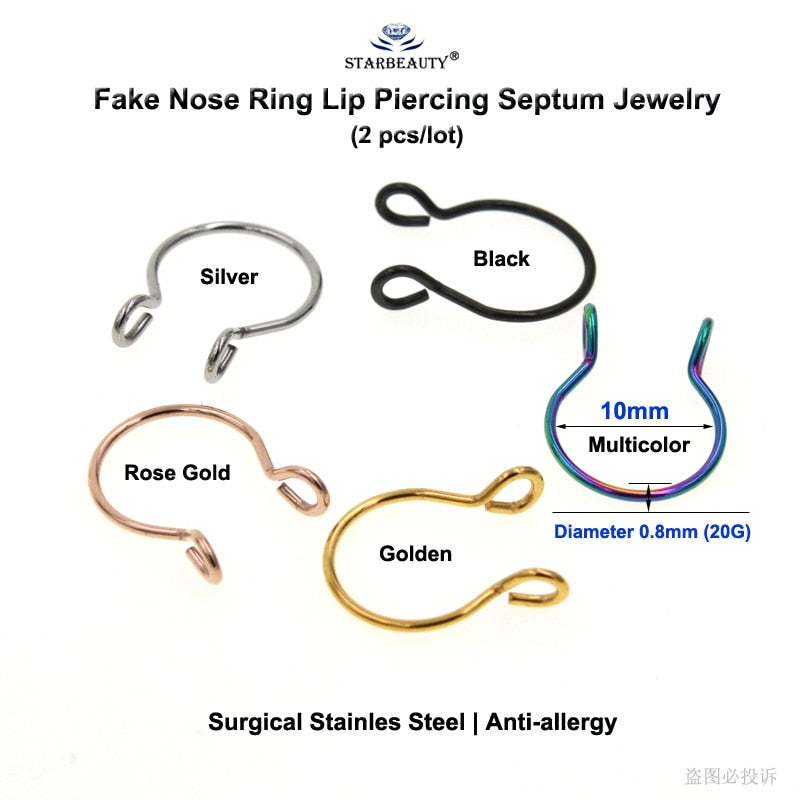 Starbeauty2pcs/lot U Shaped Fake Nose Ring Hoop Septum Rings Titanium Nose Piercing Earrings Fake Piercing Oreja Pircing Jewelry