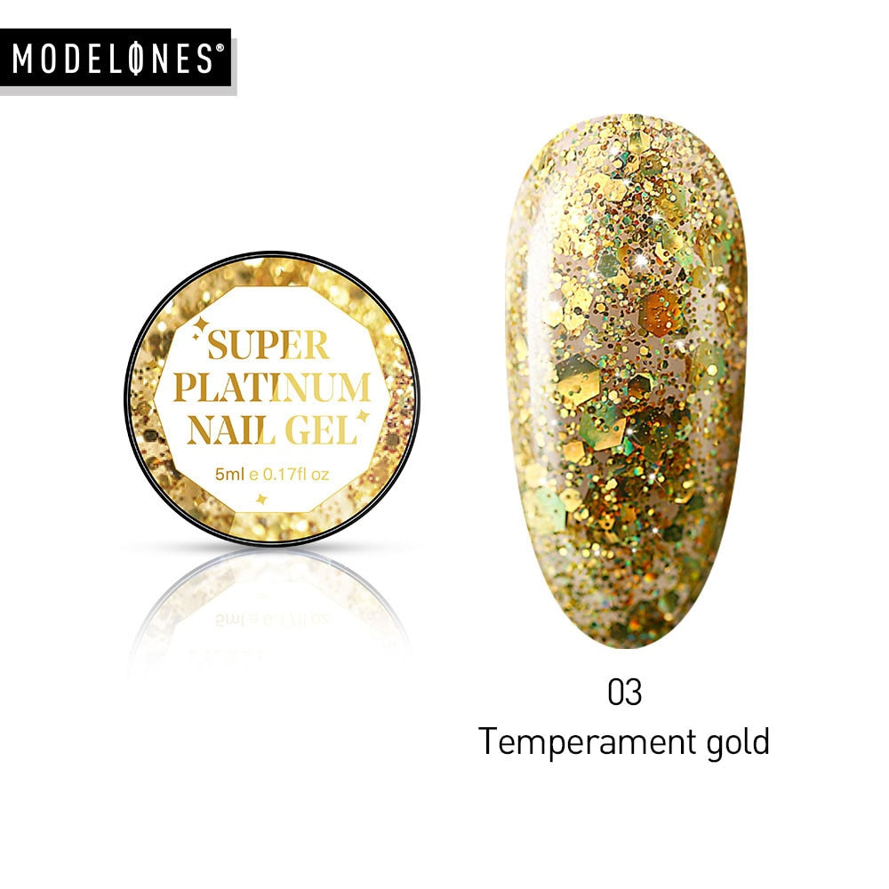 Modelones Platinum Glitter Led Gel Soak Off Nail Gel Lacquer Shiny Sequins Decorations UV Gel Varnish Painting Flowers UV Polish