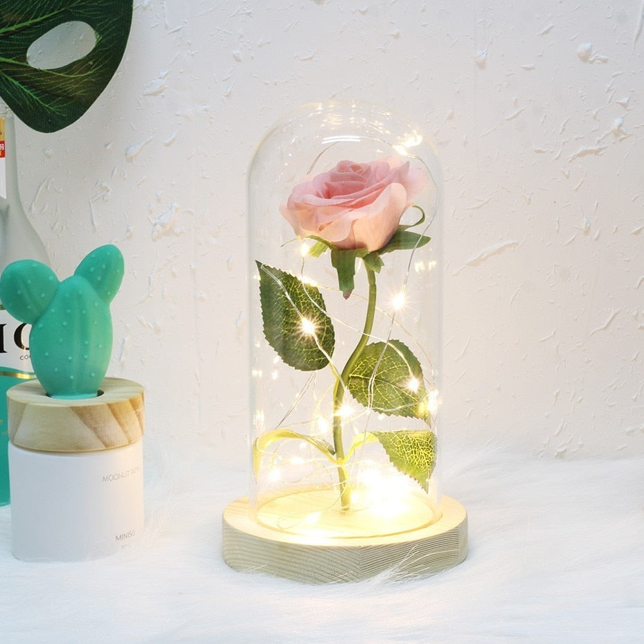 6 Colour Beauty And The Beast Red Rose In A Glass Dome On A Wooden Base For Valentine's Gifts LED Rose Lamps Christmas