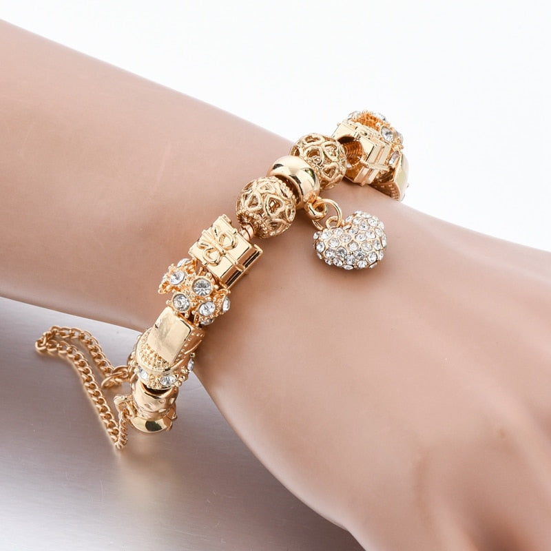 ATTRACTTO Fashion Jewelry Heart Charm Bracelets For Women Crystal Beads Gold Bracelets&Bangles For Pulseira Feminina SBR170009