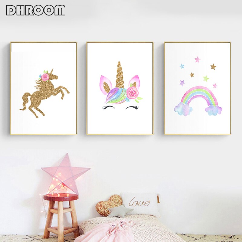 Nordic Unicorn Wall Art Gold Glitter Prints Pink Nursery Cloud Rainbow Canvas Poster Painting Wall Picture Kids Room Decor
