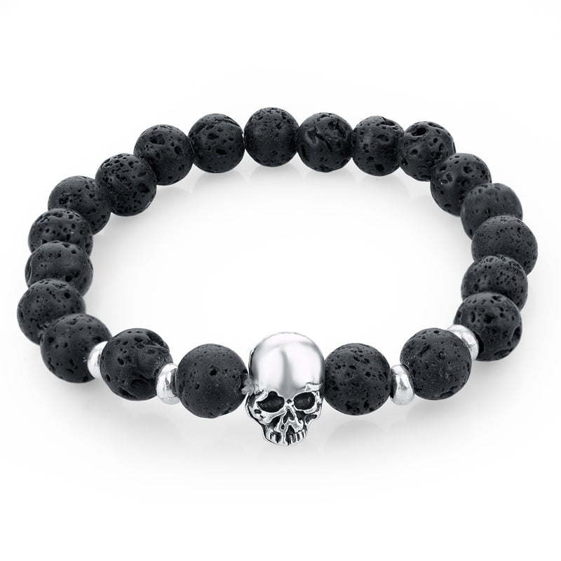 ATTRACTTO New Natural Stone Skull Bracelets Bangles For Women Lava Beads Elastic For Men Jewelry Accessories Bracelets SBR160031