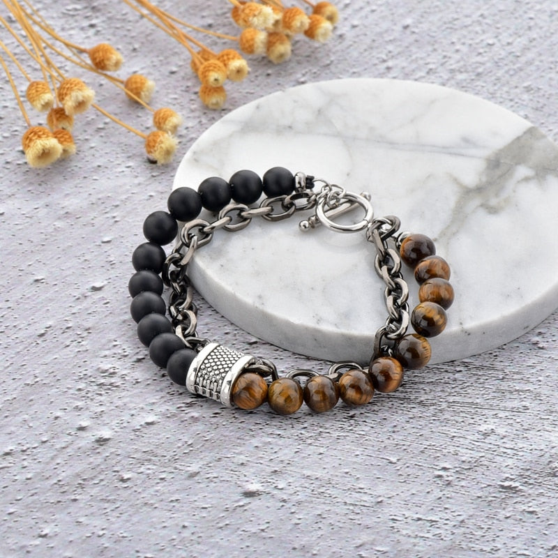 ATTRACTTO Unique Natural Tiger Eye Bracelets Bangles For Women Men Stainless Steel Bracelet Handmade Jewelry Bracelet SBR190038