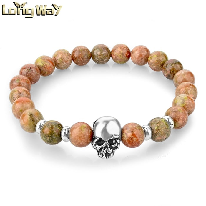 ATTRACTTO New Natural Stone Skull Bracelets Bangles For Women Lava Beads Elastic For Men Jewelry Accessories Bracelets SBR160031