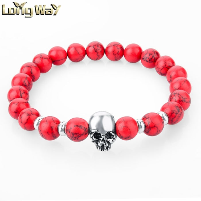 ATTRACTTO New Natural Stone Skull Bracelets Bangles For Women Lava Beads Elastic For Men Jewelry Accessories Bracelets SBR160031