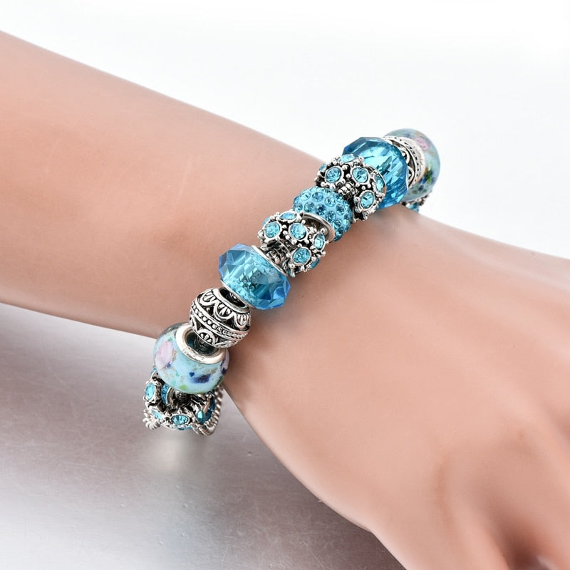 ATTRACTTO New Blue Crystal Beads Charm Bracelets&Bangles Silver Bracelets For Women Femme Wedding DIY Jewelry Bracelet SBR170025