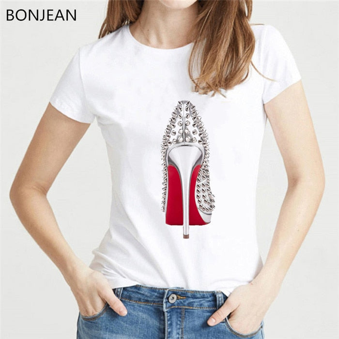Newest watercolor high heels shoes print vogue t shirt femme funny t shirt women 90s hip hop punk shirt hipster streetwear