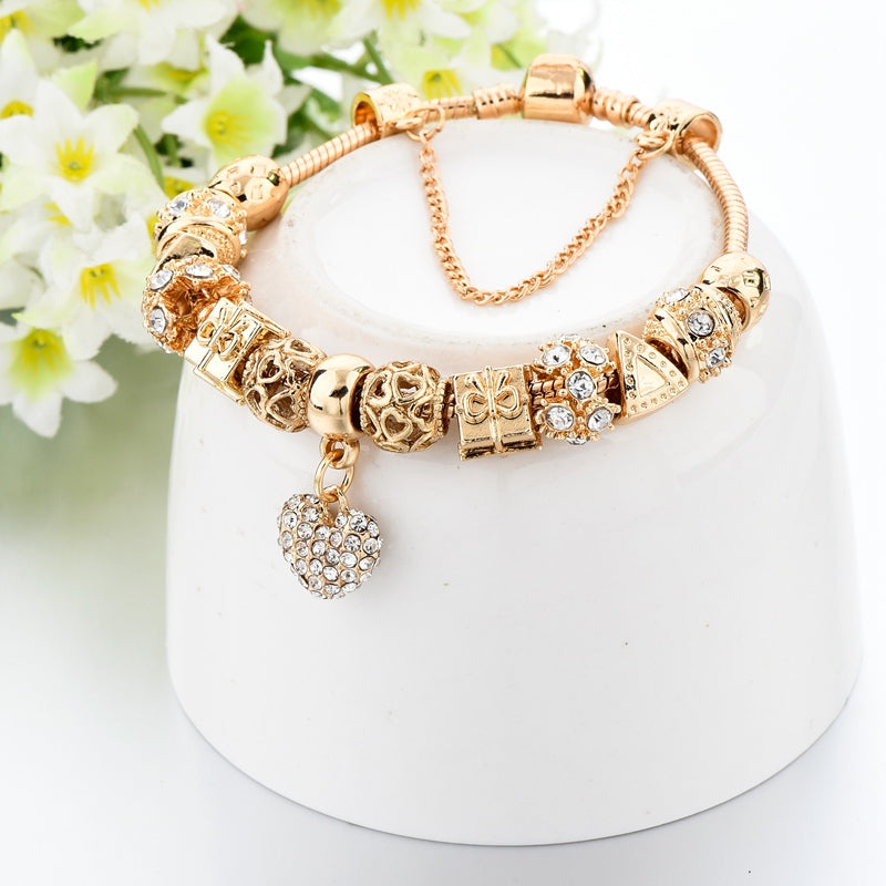 ATTRACTTO Fashion Jewelry Heart Charm Bracelets For Women Crystal Beads Gold Bracelets&Bangles For Pulseira Feminina SBR170009
