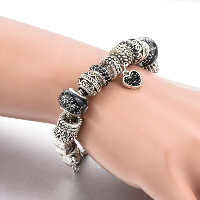 ATTRACTTO Black Promotion Heart Charm Bracelets For Women Crystal Bead Bracelet Jewelry Female Pulseras Mujer Bracelet SBR160014