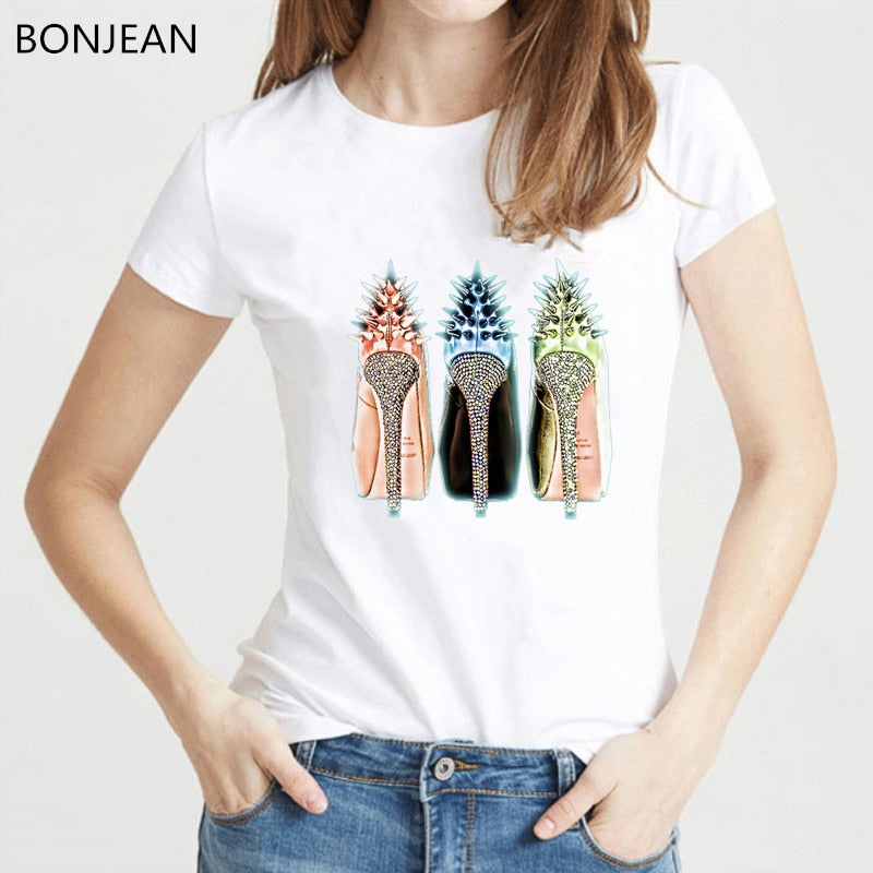 Newest watercolor high heels shoes print vogue t shirt femme funny t shirt women 90s hip hop punk shirt hipster streetwear