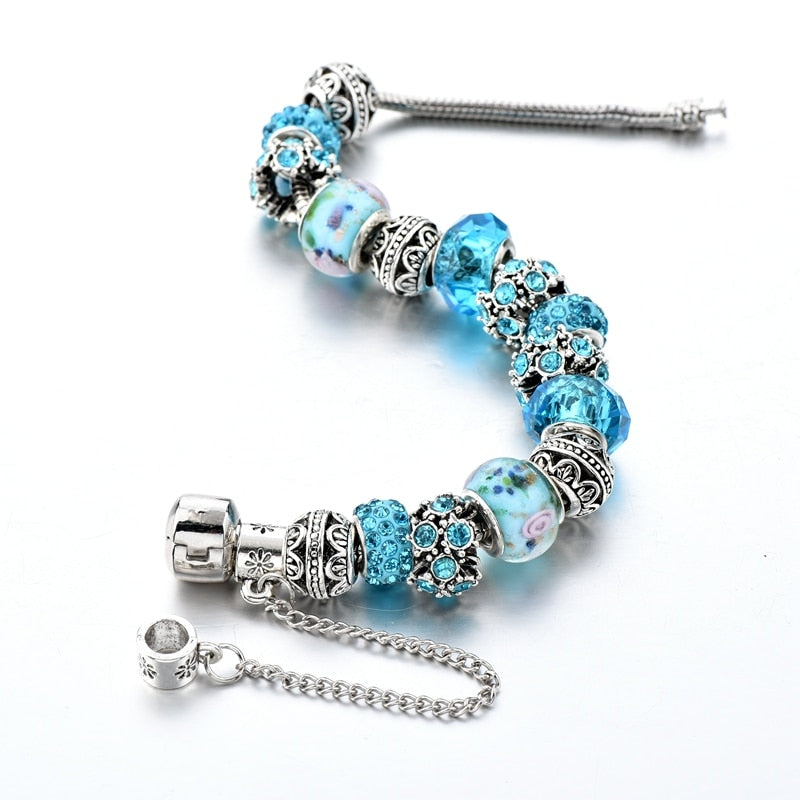 ATTRACTTO New Blue Crystal Beads Charm Bracelets&Bangles Silver Bracelets For Women Femme Wedding DIY Jewelry Bracelet SBR170025
