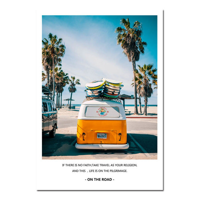 Modern Landscape Poster Tropical Sea Palm Tree Bus Wall Art Inspirational Canvas Painting Picture Living Room Home Decoration