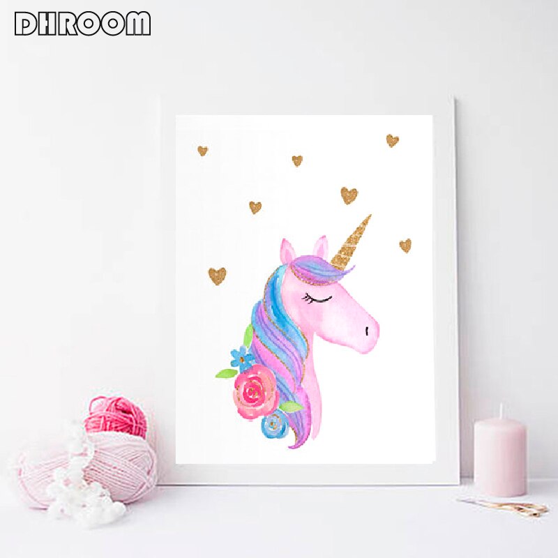 Nordic Unicorn Wall Art Gold Glitter Prints Pink Nursery Cloud Rainbow Canvas Poster Painting Wall Picture Kids Room Decor