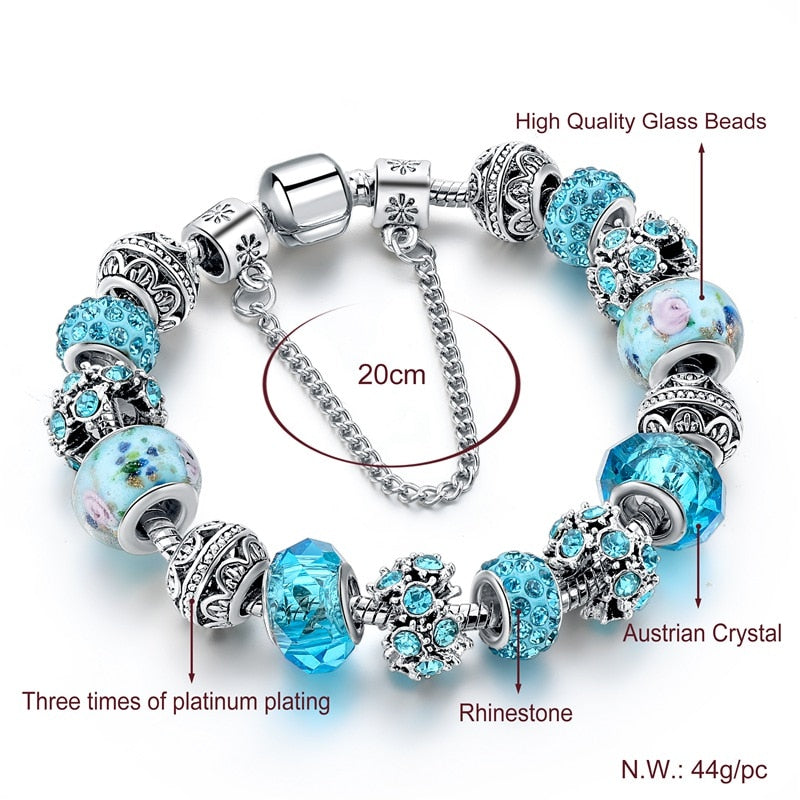 ATTRACTTO New Blue Crystal Beads Charm Bracelets&Bangles Silver Bracelets For Women Femme Wedding DIY Jewelry Bracelet SBR170025